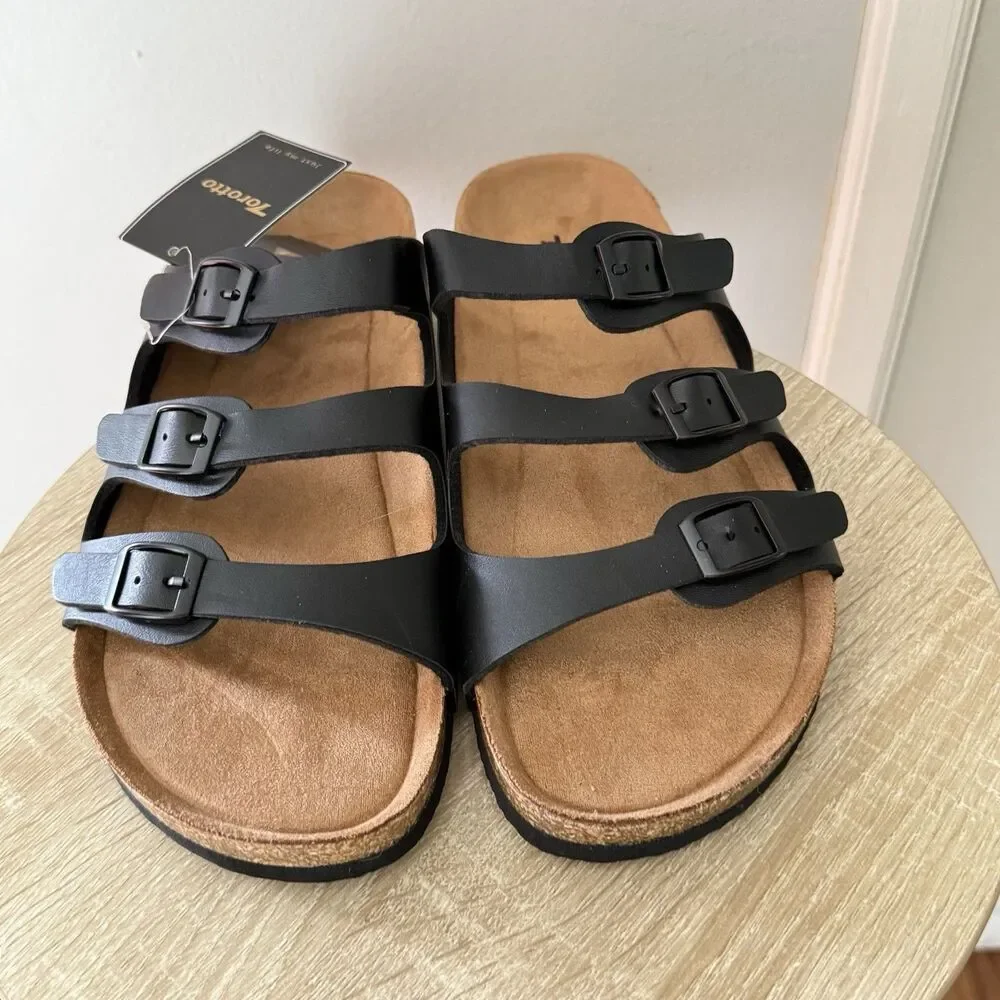 NWT Torotto Mens Slides with Cork Footbed Open Toe Flat Sandals,Black, Size 44